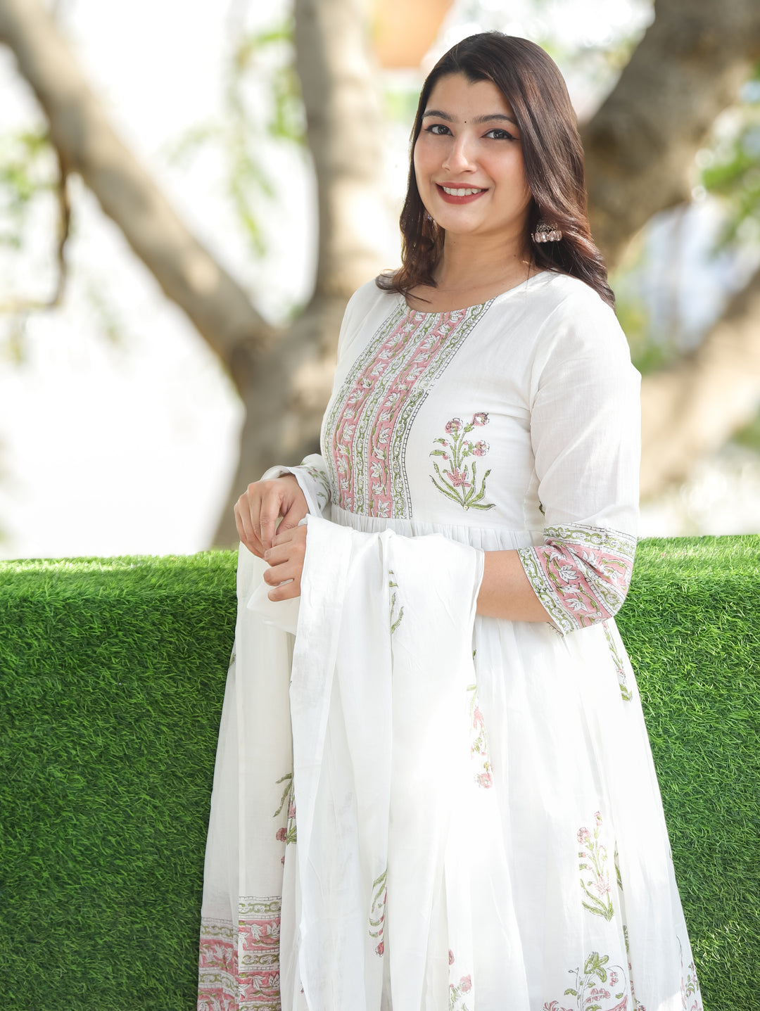 Kira White Peach Anarkali Mul Cotton 3 Piece Set