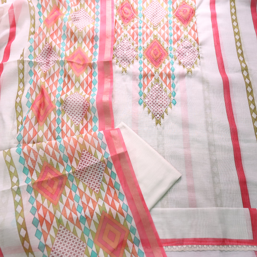 Mahima Pearl White with Moti Work Panel Printed Mul Chanderi Set