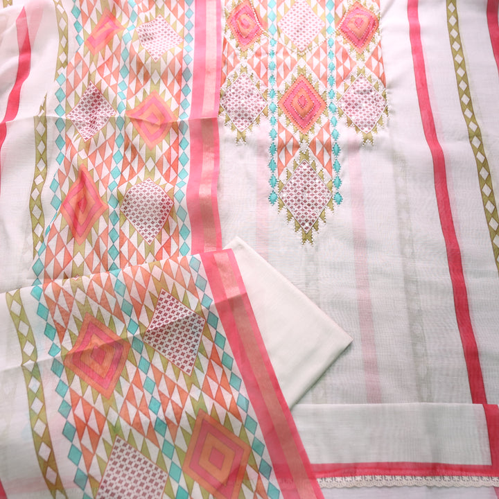Mahima Pearl White with Moti Work Panel Printed Mul Chanderi Set