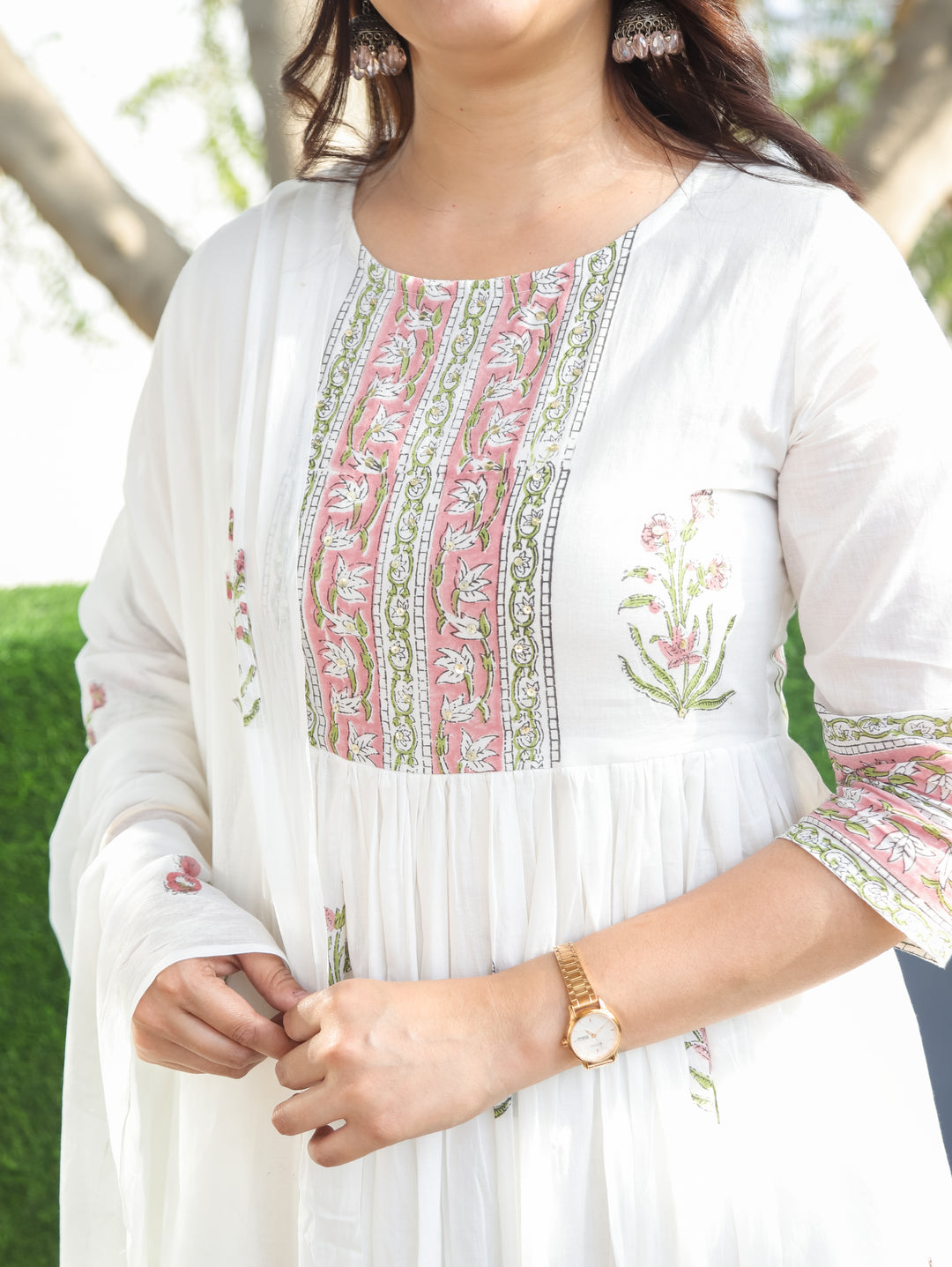 Kira White Peach Anarkali Mul Cotton 3 Piece Set