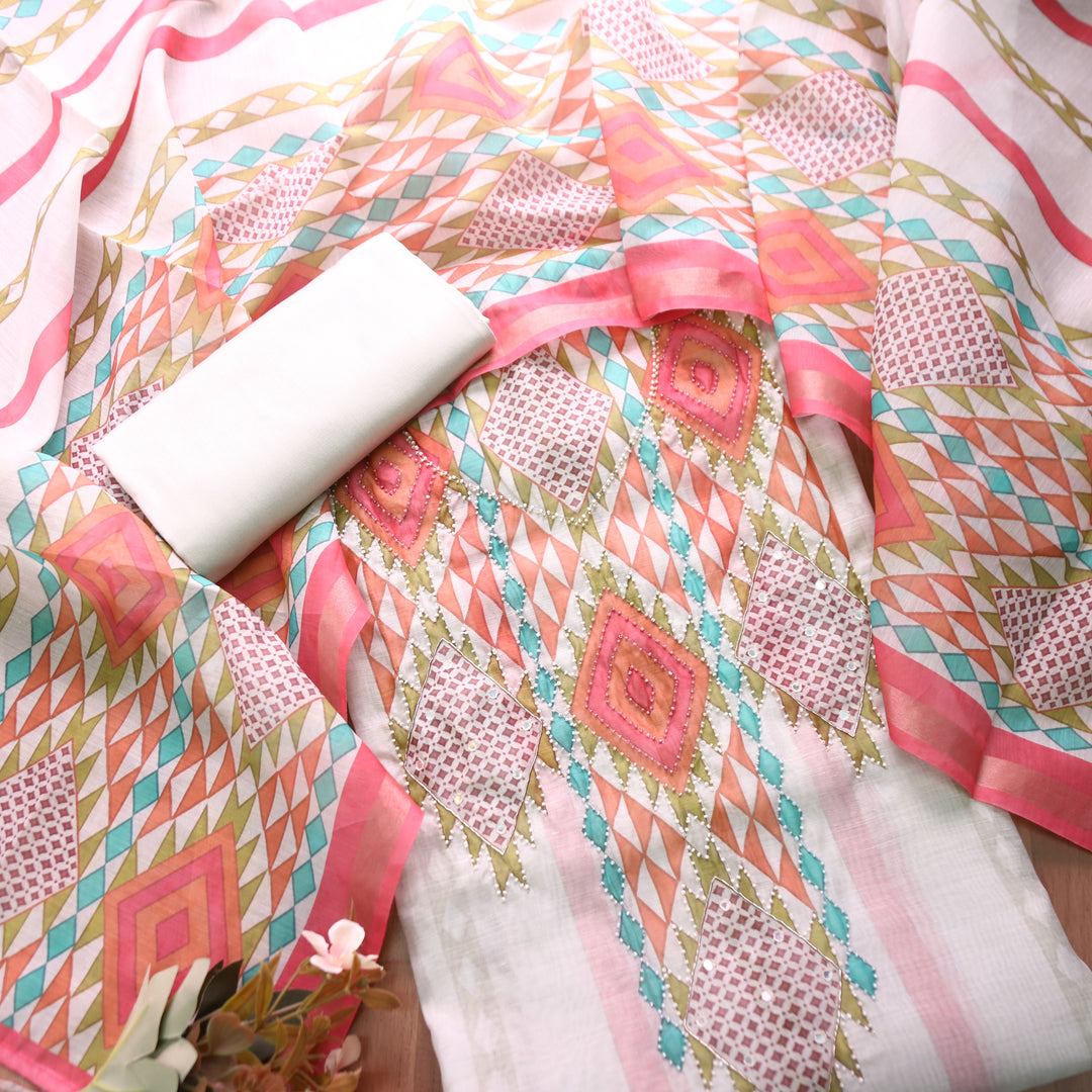 Mahima Pearl White with Moti Work Panel Printed Mul Chanderi Set