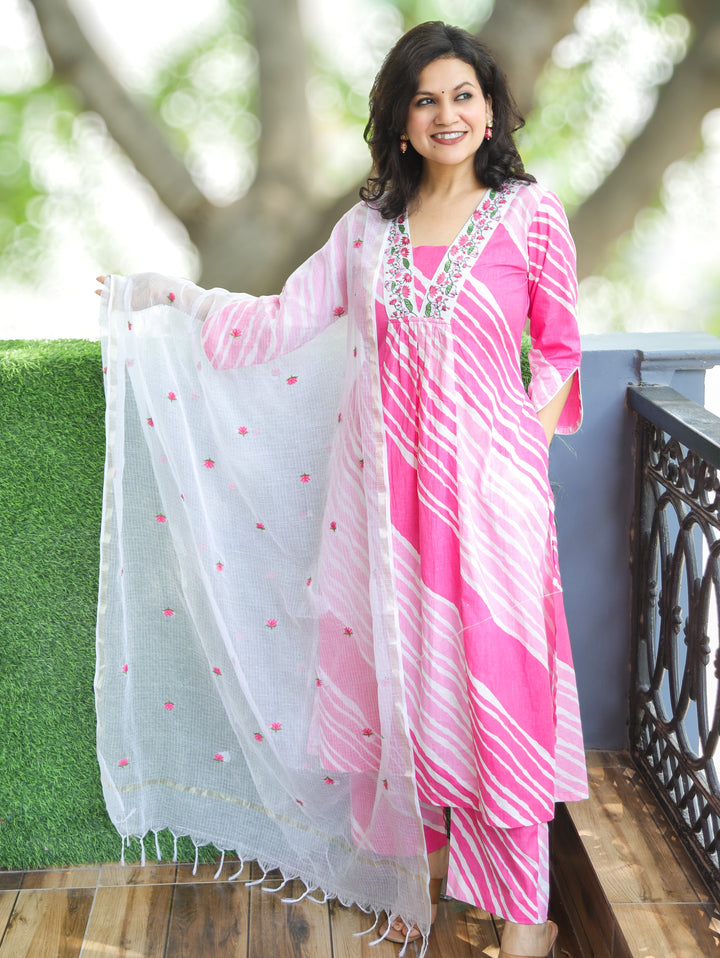 Charvi Pink Embroidered Leheriya Print Cotton 3 Piece Set