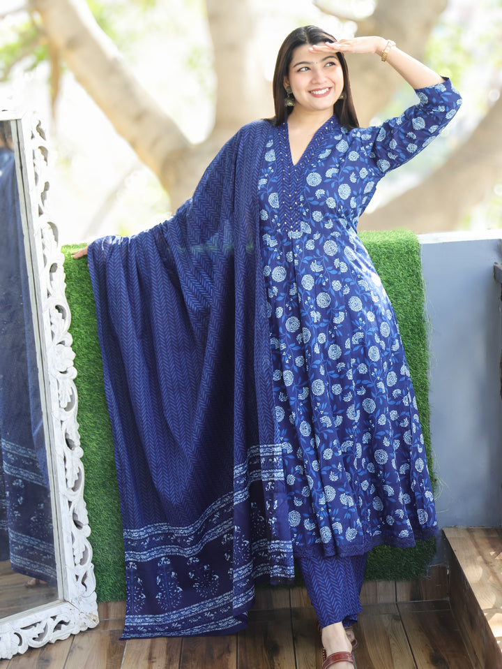 Anjani Indigo Blue V Neck Dabu Printed Anarkali Cotton 3 Piece Set D3