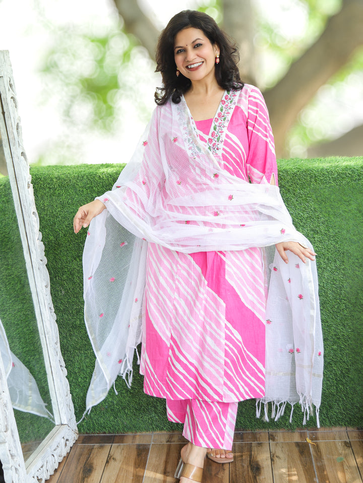 Charvi Pink Embroidered Leheriya Print Cotton 3 Piece Set