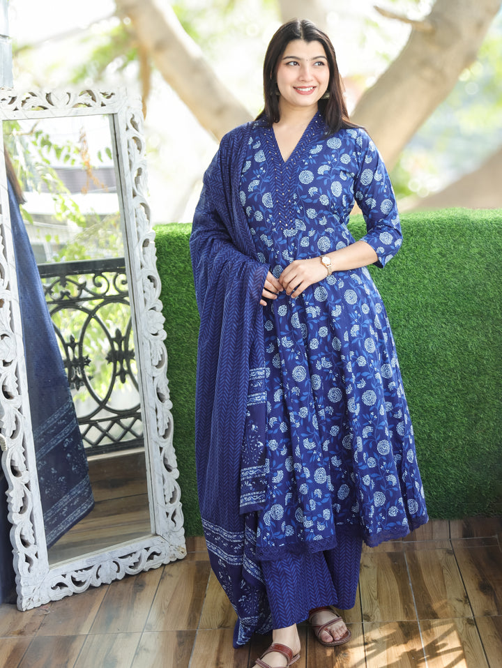 Anjani Indigo Blue V Neck Dabu Printed Anarkali Cotton 3 Piece Set D3