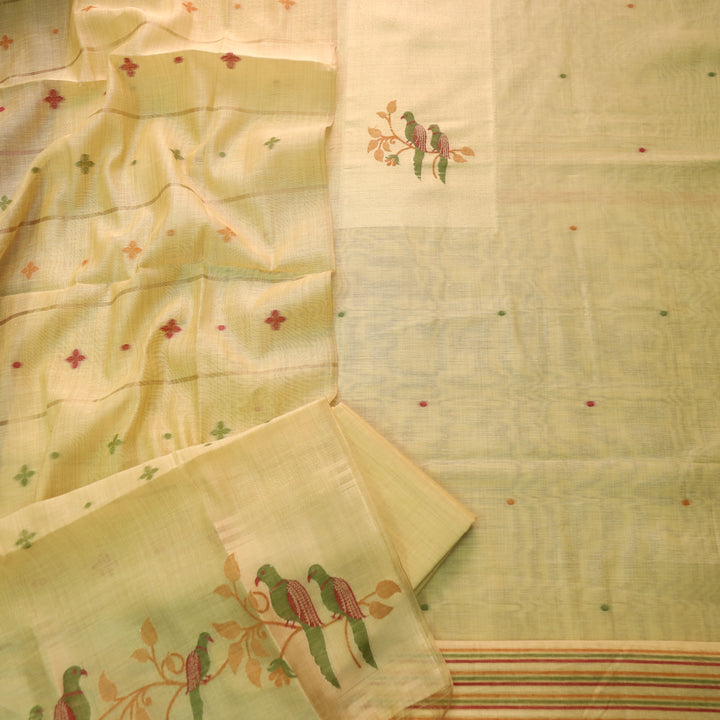 Kaashvi Butter Yellow Zari Weaved Neck with Authentic Jamdani Chanderi Suit Set