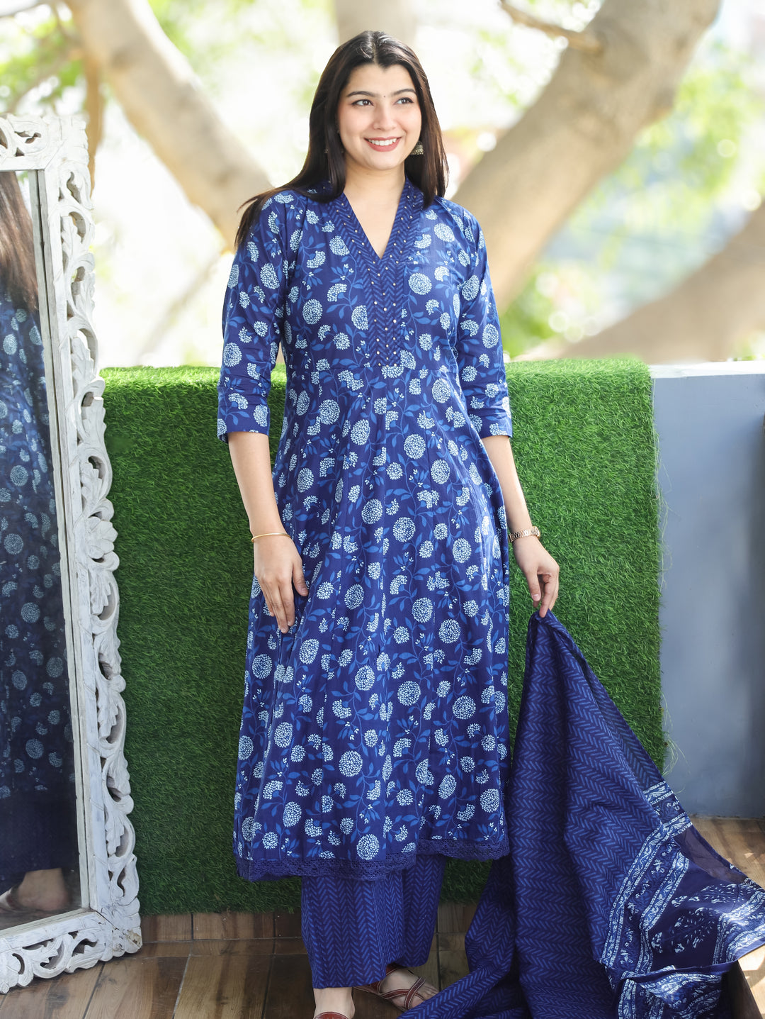 Anjani Indigo Blue V Neck Dabu Printed Anarkali Cotton 3 Piece Set D3
