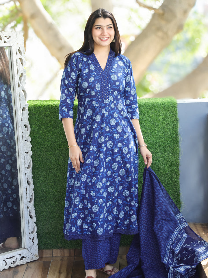 Anjani Indigo Blue V Neck Dabu Printed Anarkali Cotton 3 Piece Set D3