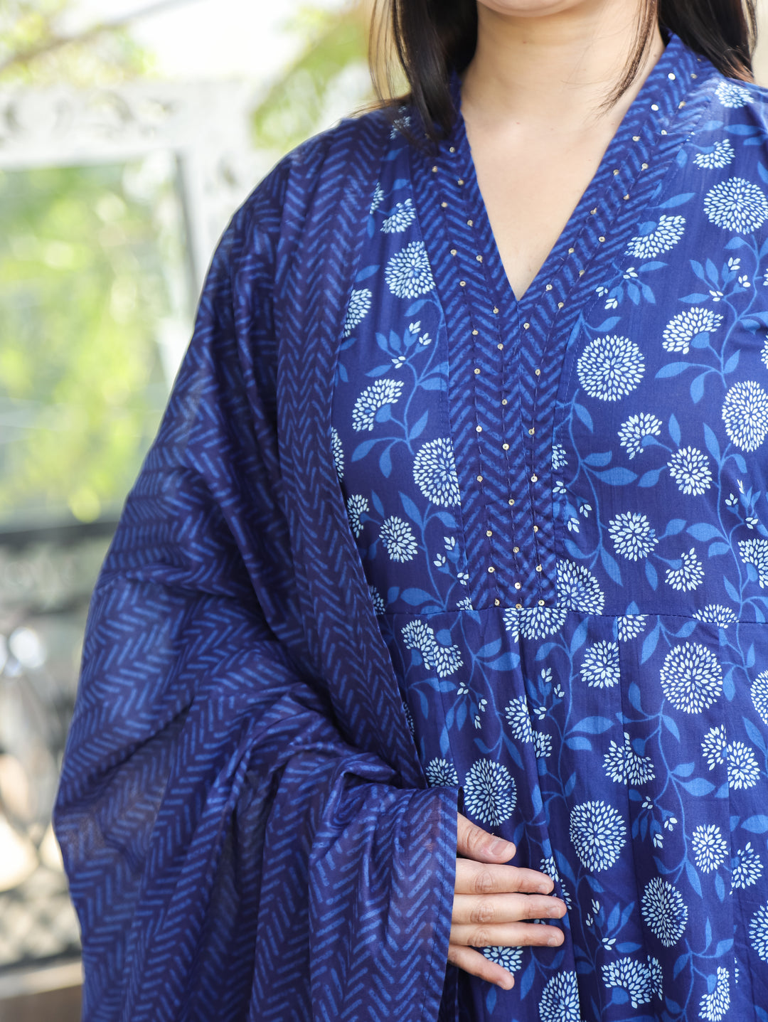 Anjani Indigo Blue V Neck Dabu Printed Anarkali Cotton 3 Piece Set D3