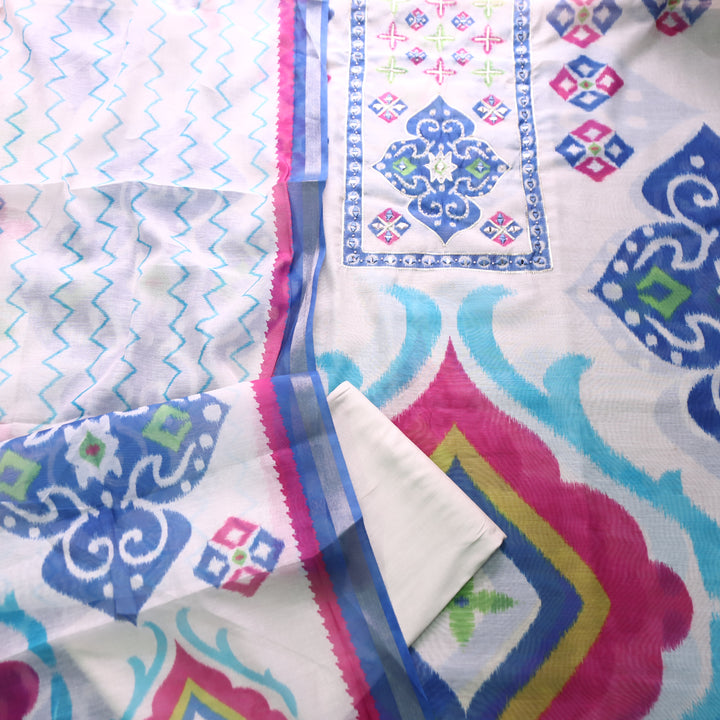 Mahima Off-White with Mirror Work Panel Printed Mul Chanderi Set