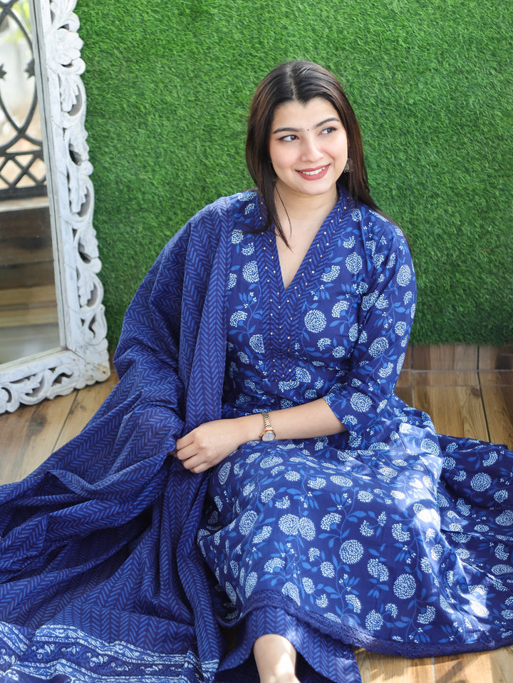 Anjani Indigo Blue V Neck Dabu Printed Anarkali Cotton 3 Piece Set D3