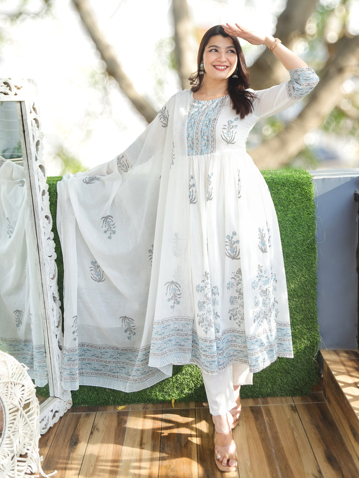 Kira White Blue Anarkali Mul Cotton 3 Piece Set