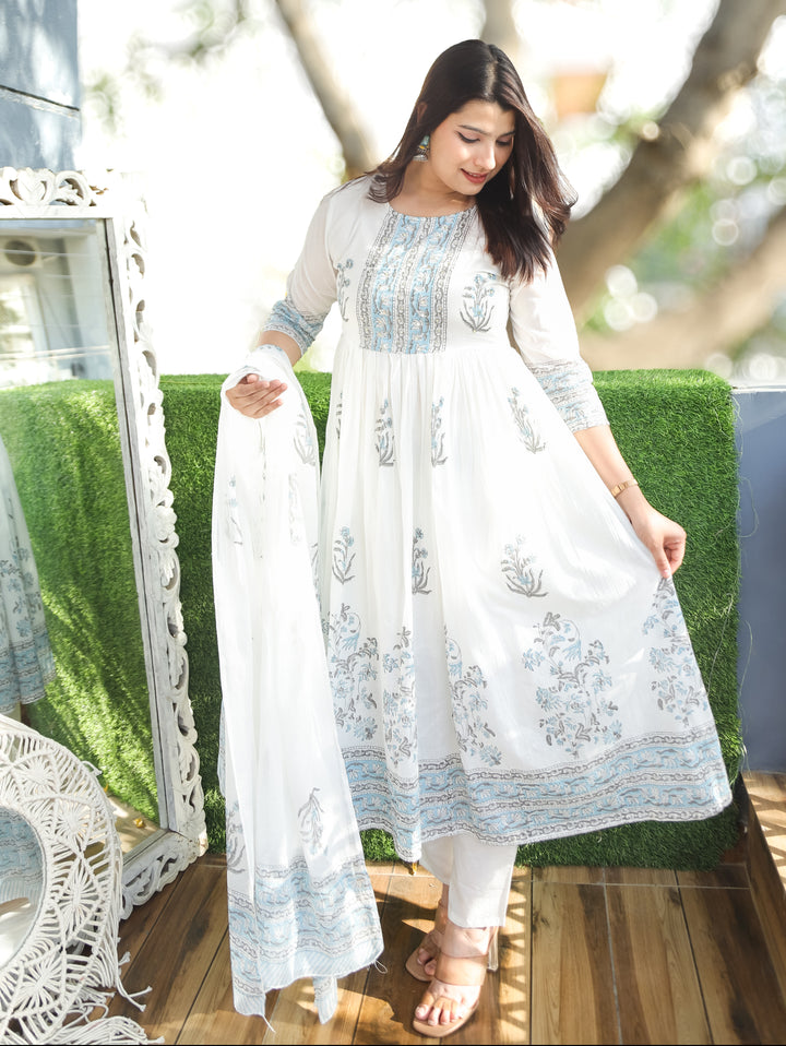 Kira White Blue Anarkali Mul Cotton 3 Piece Set