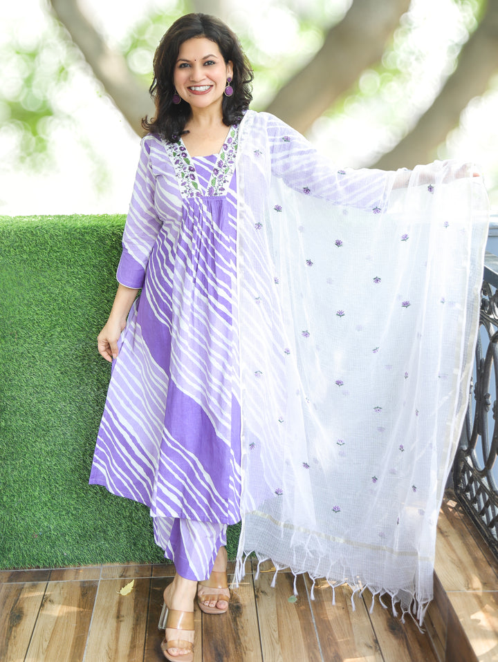 Charvi Purple Embroidered Leheriya Print Cotton 3 Piece Set