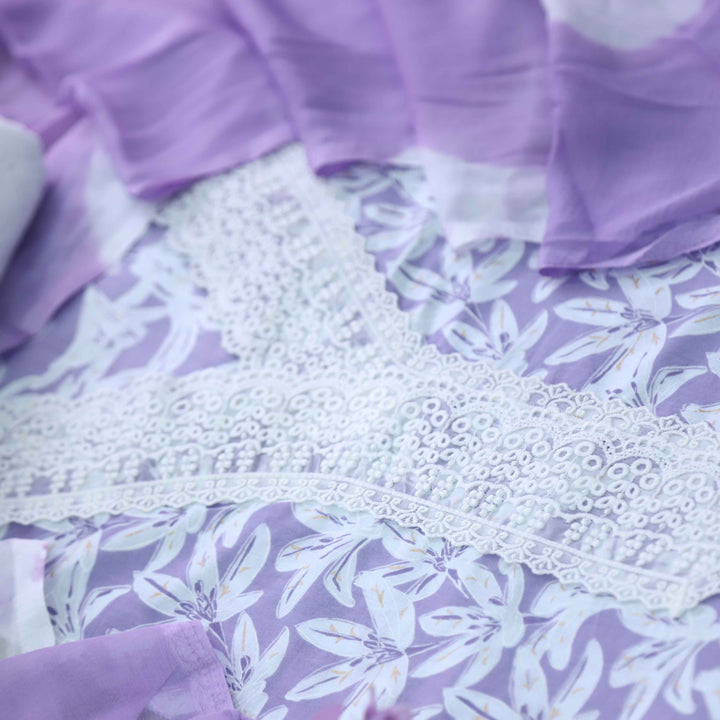 Rukshat Lavender Purple V neck Lace Work Floral Printed Cotton Suit Set