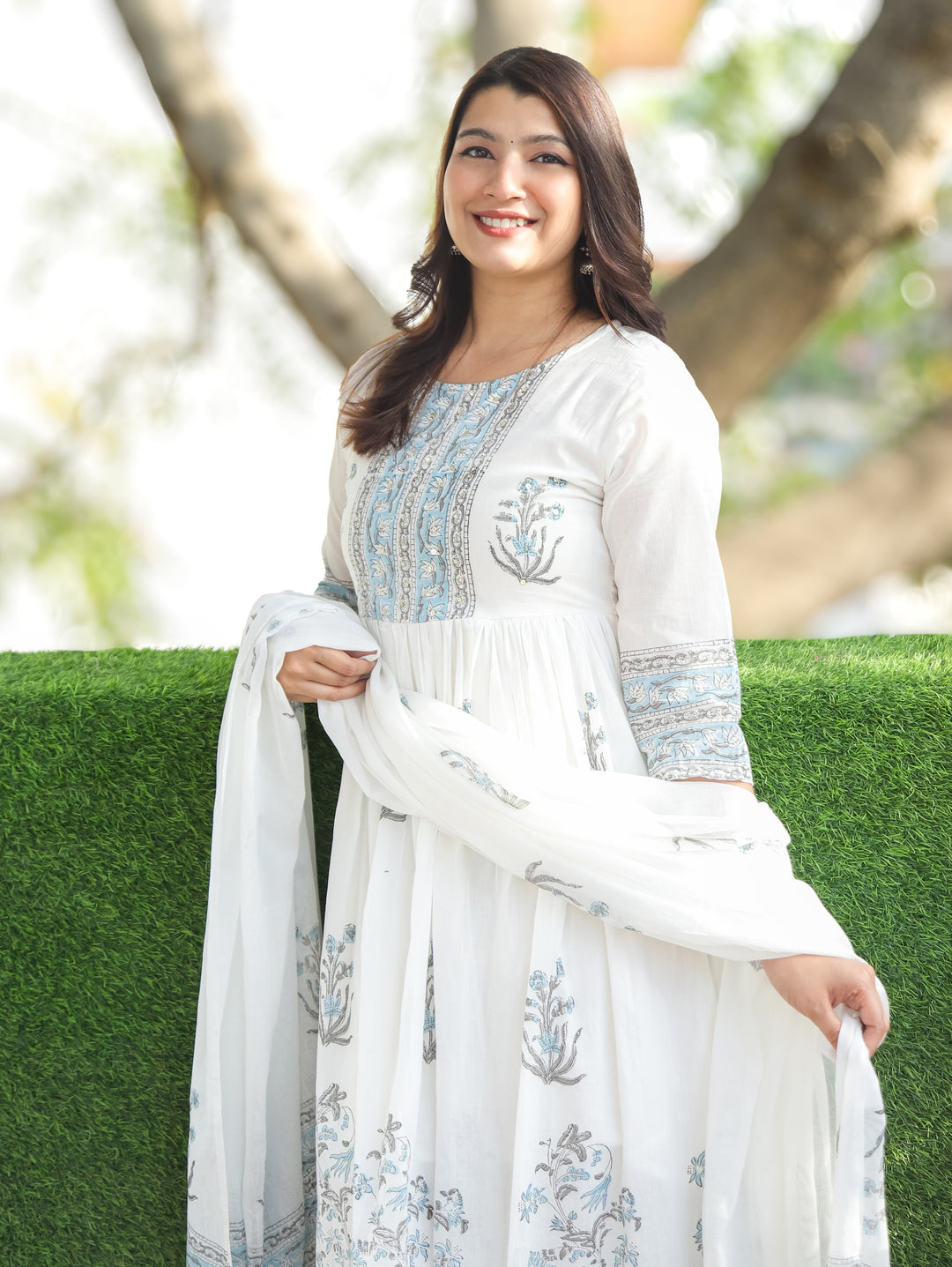 Kira White Blue Anarkali Mul Cotton 3 Piece Set – Desisandook Enterprises Private Limited