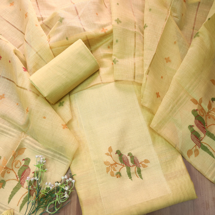 Kaashvi Butter Yellow Zari Weaved Neck with Authentic Jamdani Chanderi Suit Set