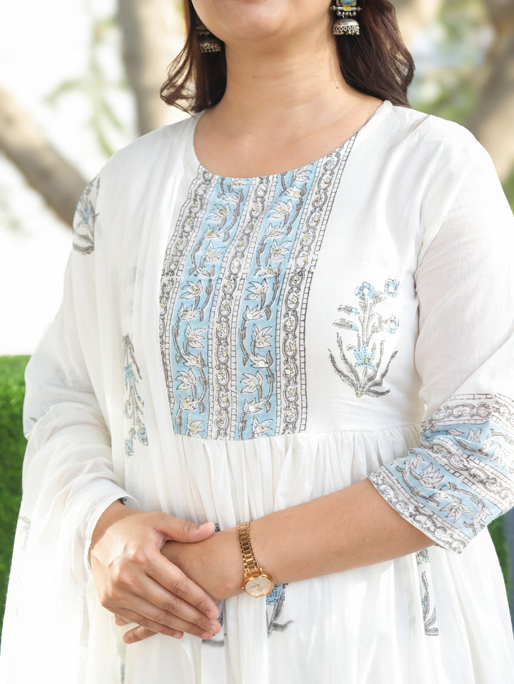 Kira White Blue Anarkali Mul Cotton 3 Piece Set