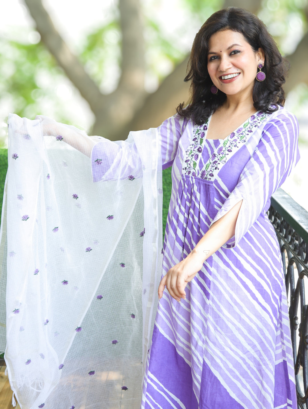 Charvi Purple Embroidered Leheriya Print Cotton 3 Piece Set