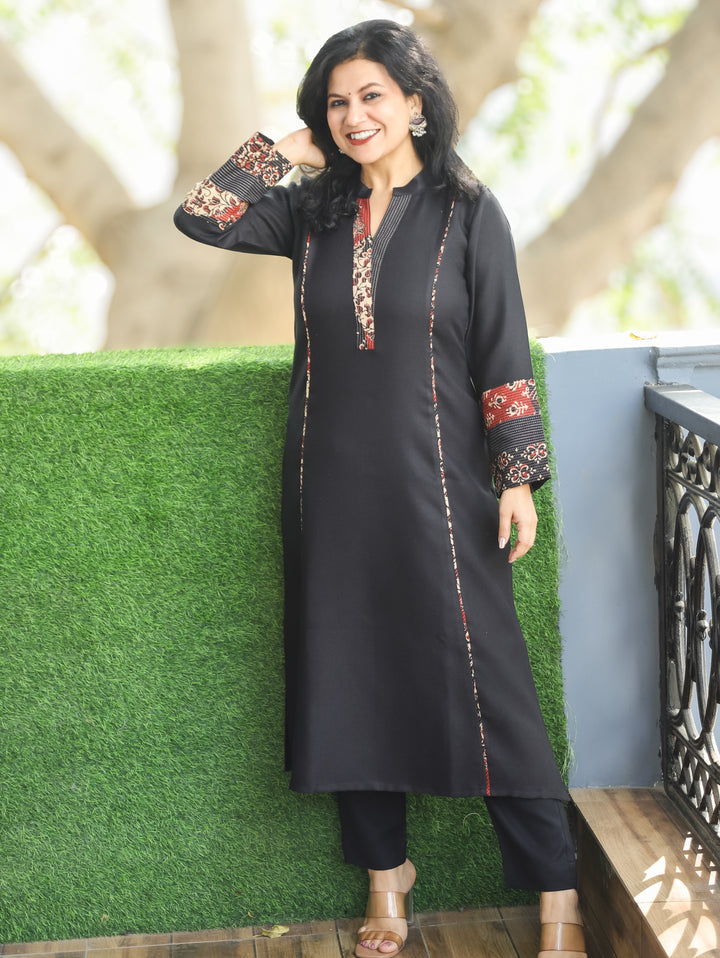Anvika Ebony Black Ban Collar Panel Kantha Work Patch Semi Pashmina Winter Kurti