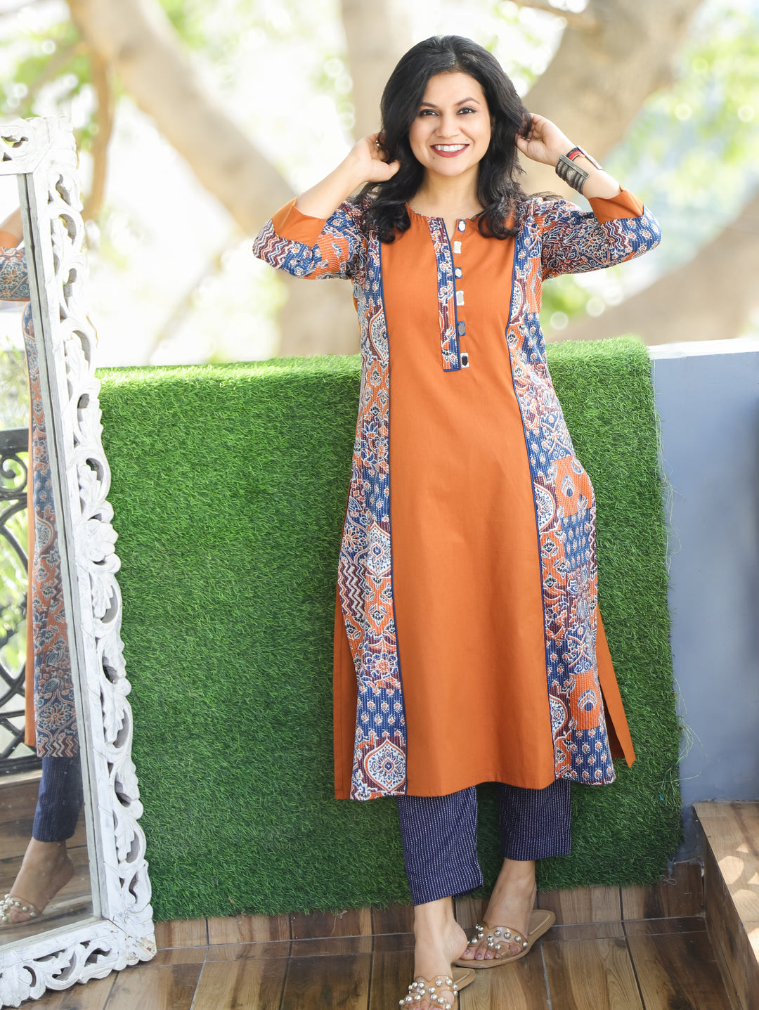 Khushi Rust Orange Mirror Work Round Neck Running Stitch Ajrak Print Panel Cotton Kurti