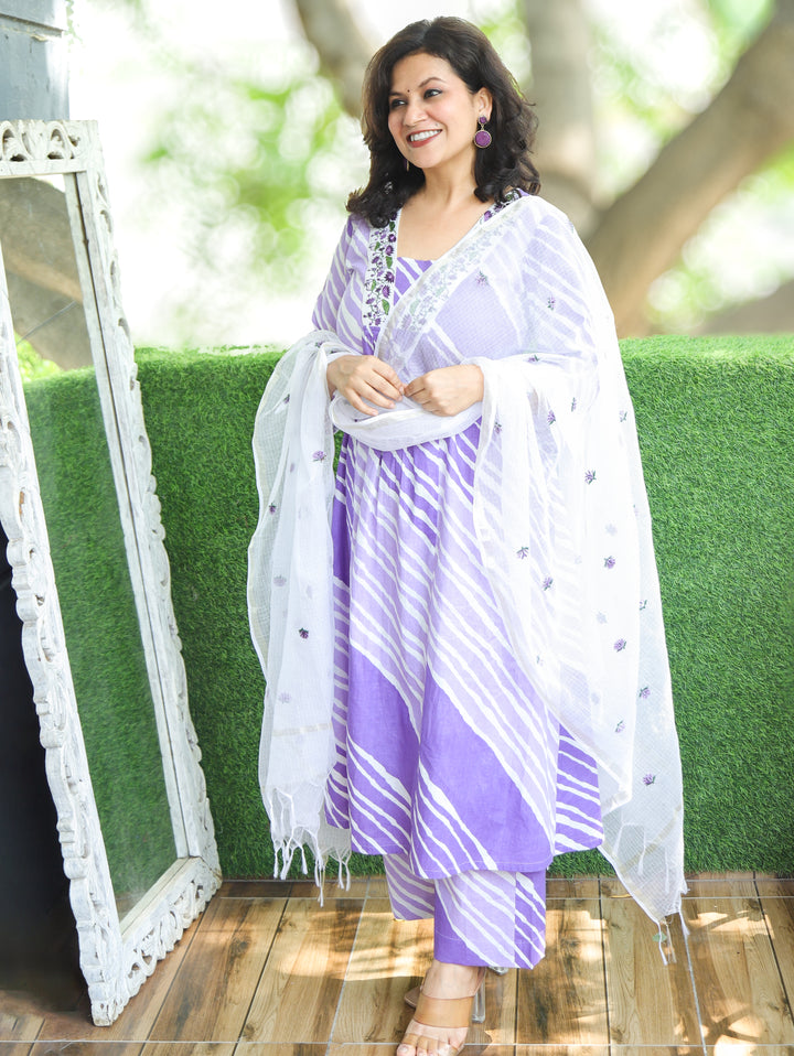 Charvi Purple Embroidered Leheriya Print Cotton 3 Piece Set