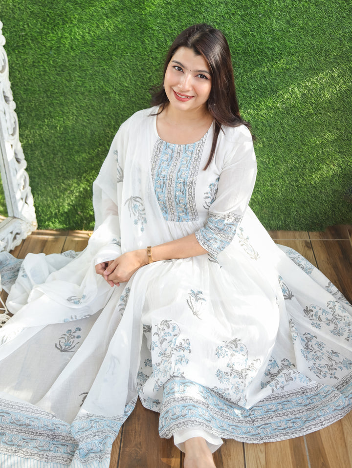 Kira White Blue Anarkali Mul Cotton 3 Piece Set