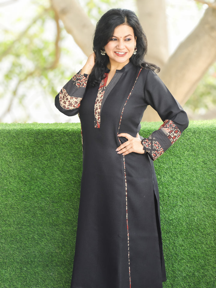 Anvika Ebony Black Ban Collar Panel Kantha Work Patch Semi Pashmina Winter Kurti