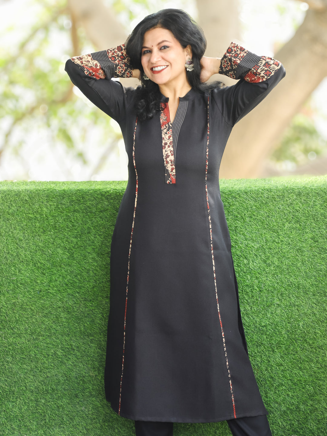 Anvika Ebony Black Ban Collar Panel Kantha Work Patch Semi Pashmina Winter Kurti