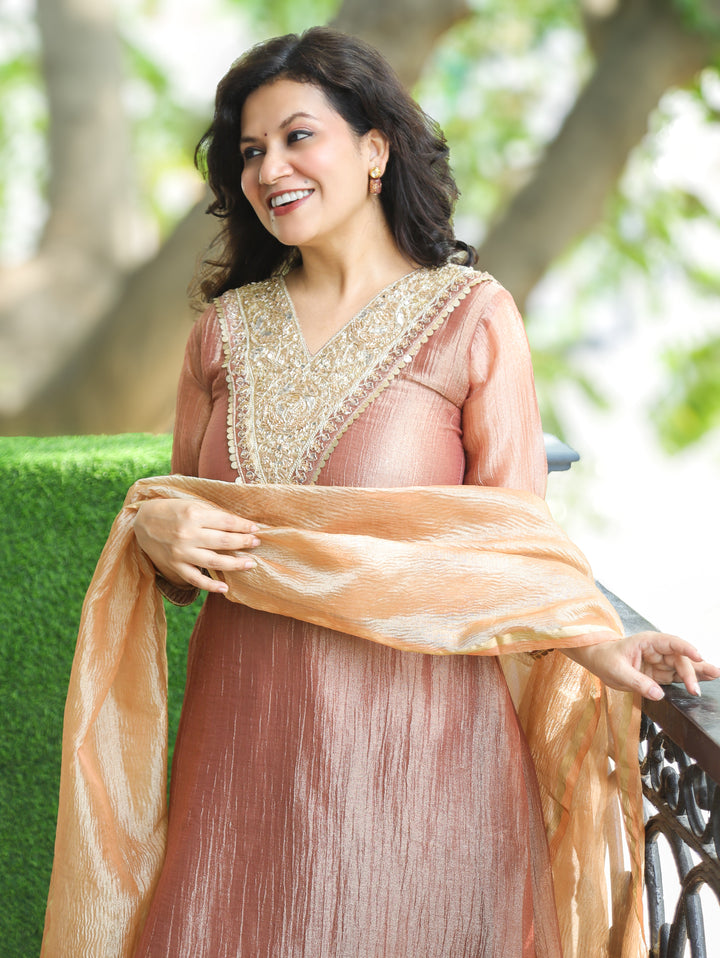 Mehak Wood Peach Embellished Crinkle Shimmer Tissue Set