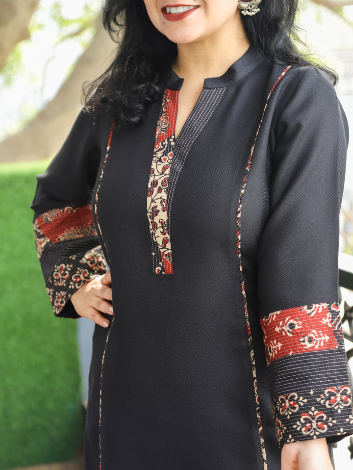 Anvika Ebony Black Ban Collar Panel Kantha Work Patch Semi Pashmina Winter Kurti