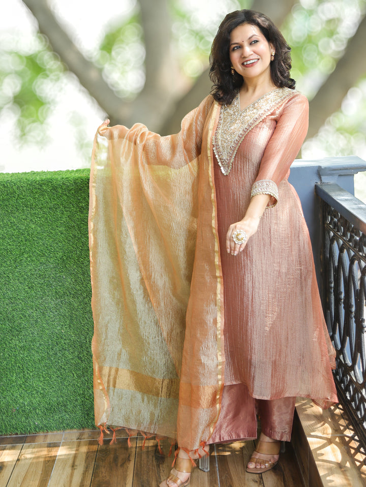 Mehak Wood Peach Embellished Crinkle Shimmer Tissue Set