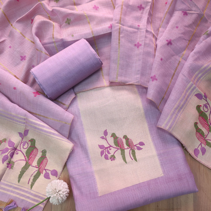 Kaashvi Blueberry Purple Zari Weaved Neck with Authentic Jamdani Chanderi Suit Set