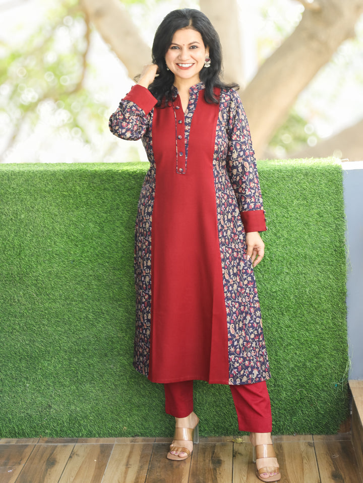 Khushi Wine Red Ban Collar Panel Kanni Print Button Work Semi Pashmina Winter Kurti