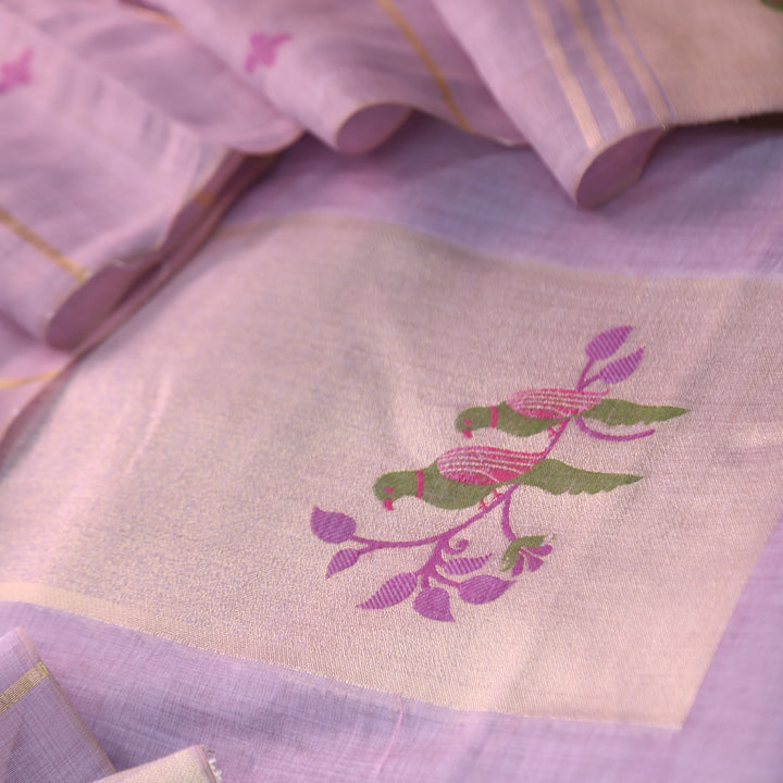 Kaashvi Blueberry Purple Zari Weaved Neck with Authentic Jamdani Chanderi Suit Set