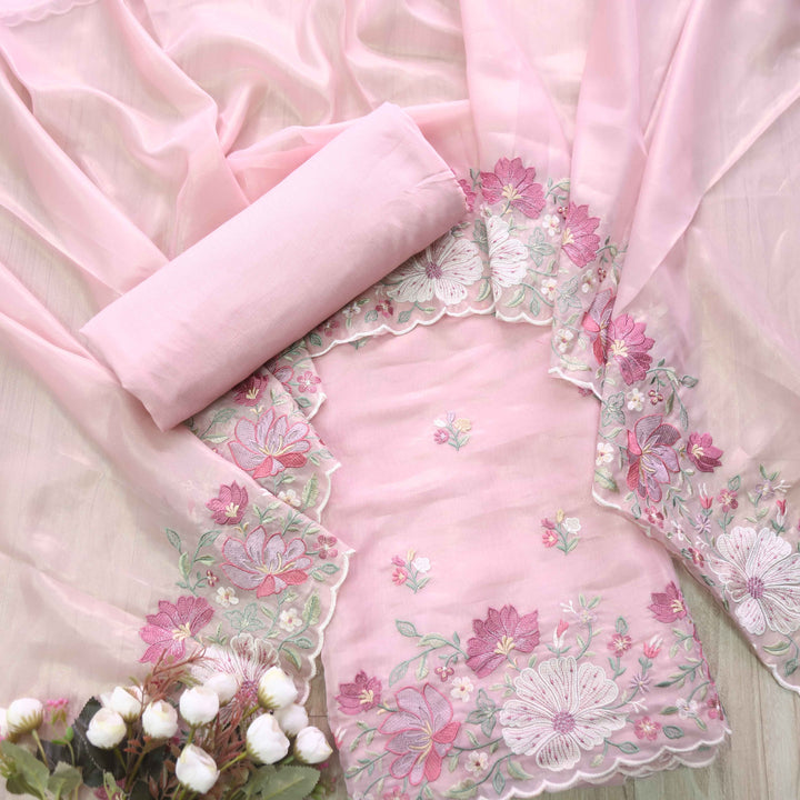 Nayara Baby Pink Floral Thread Embroidery Shimmer Organza Suit Set