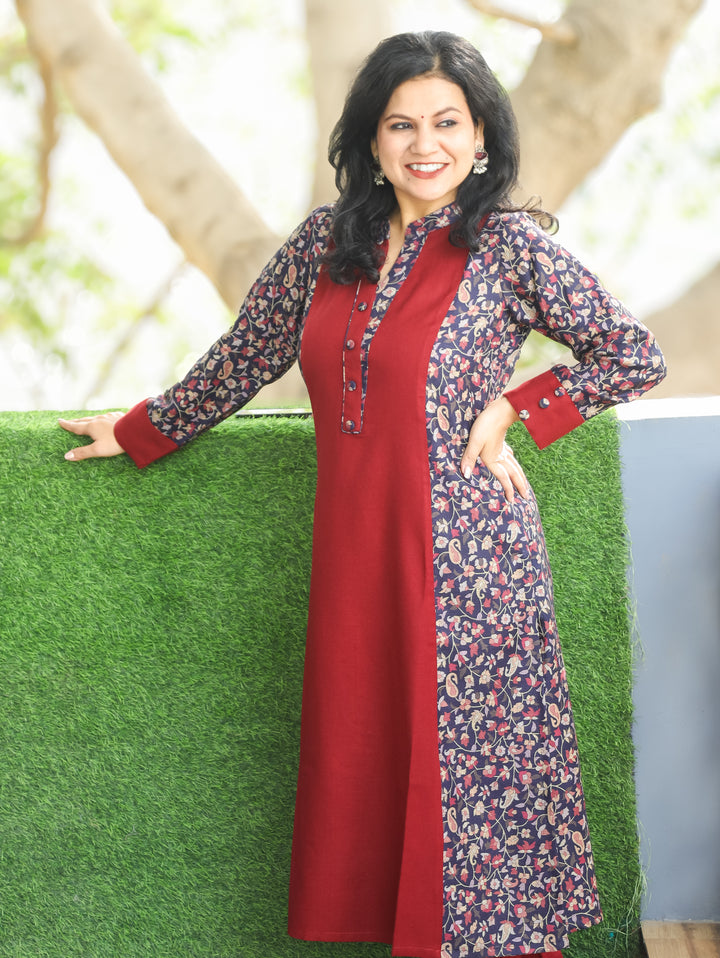 Khushi Wine Red Ban Collar Panel Kanni Print Button Work Semi Pashmina Winter Kurti