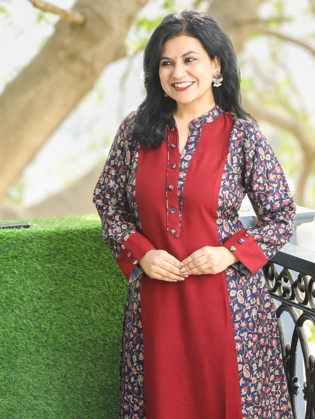 Khushi Wine Red Ban Collar Panel Kanni Print Button Work Semi Pashmina Winter Kurti