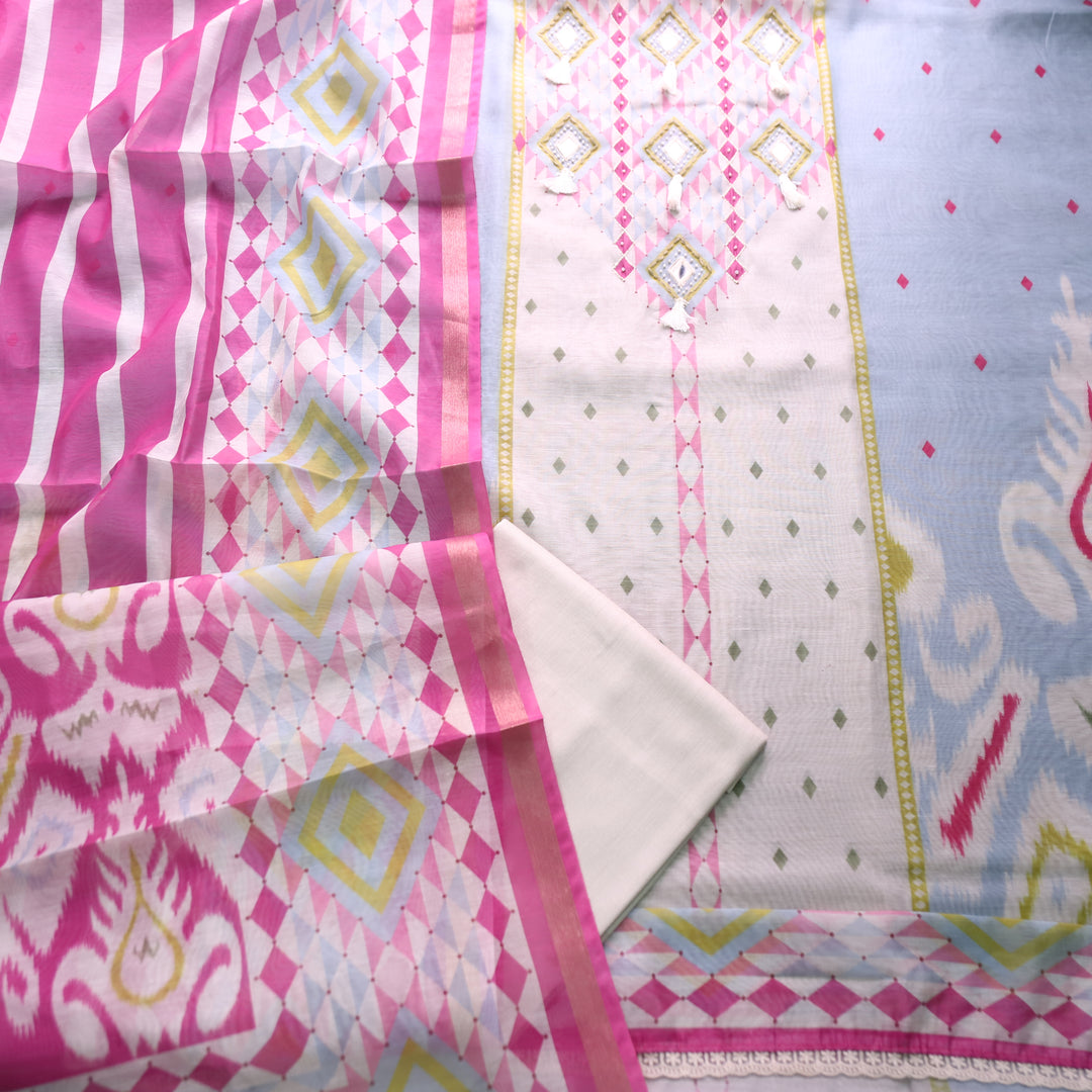Mahima Slate White with Mirror Work Panel Printed Mul Chanderi Set