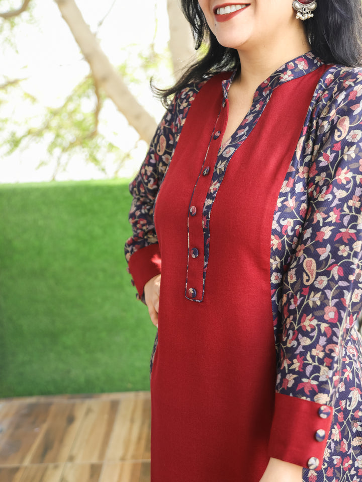 Khushi Wine Red Ban Collar Panel Kanni Print Button Work Semi Pashmina Winter Kurti