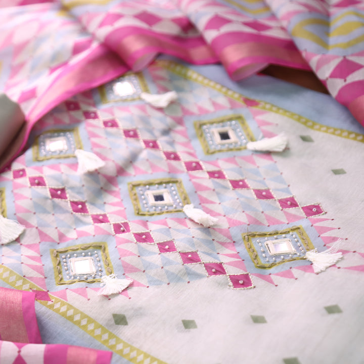 Mahima Slate White with Mirror Work Panel Printed Mul Chanderi Set