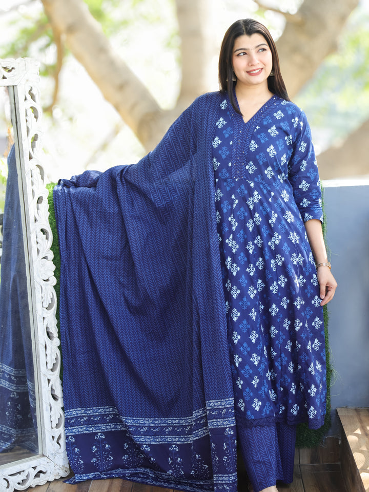 Anjani Indigo Blue V Neck Dabu Printed Anarkali Cotton 3 Piece Set D4