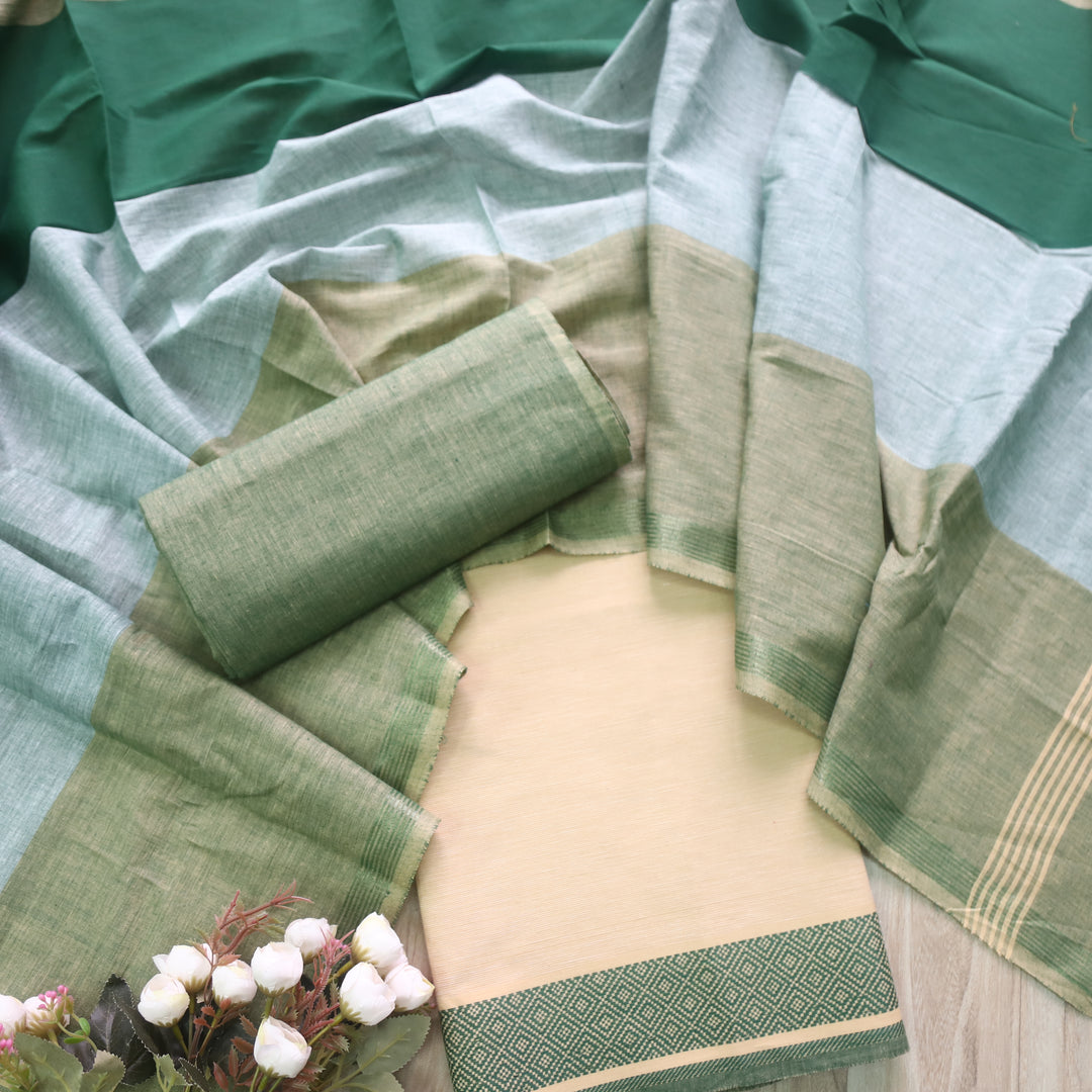 Falaq Beige With Mirchi Green Dupatta Weaved Hem South Cotton Suit Set