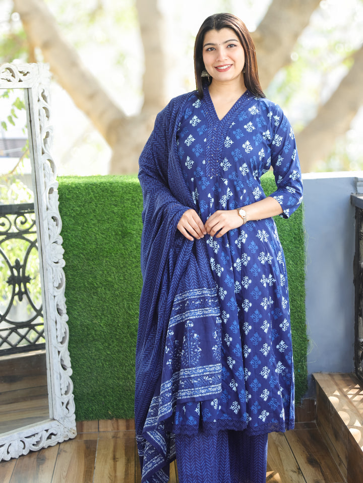 Anjani Indigo Blue V Neck Dabu Printed Anarkali Cotton 3 Piece Set D4
