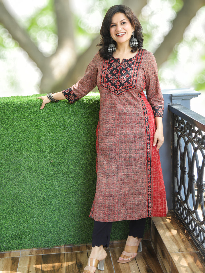 Saanvi Rosewood Red Ajrakh Rusted Checked Panel Cotton Kurti
