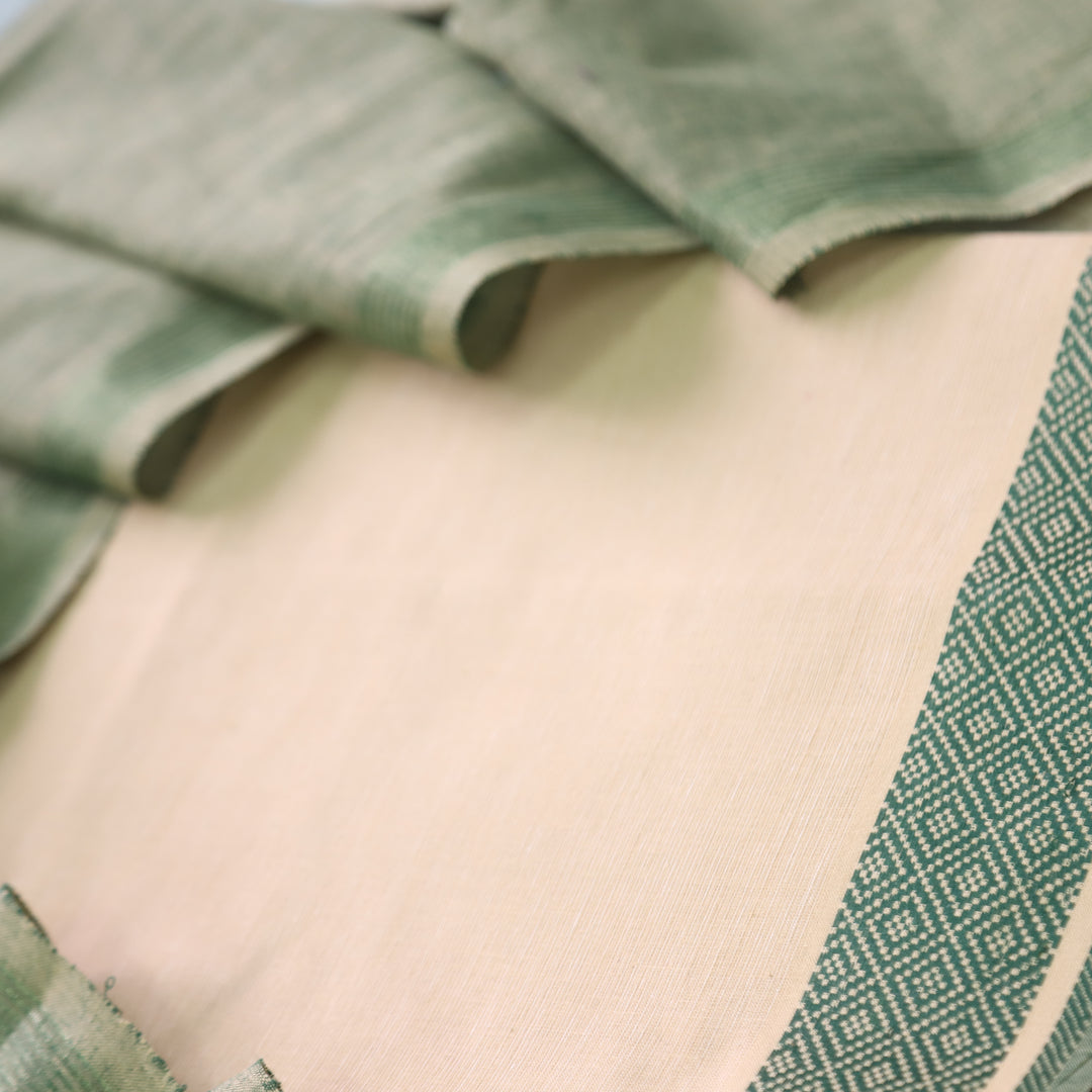 Falaq Beige With Mirchi Green Dupatta Weaved Hem South Cotton Suit Set