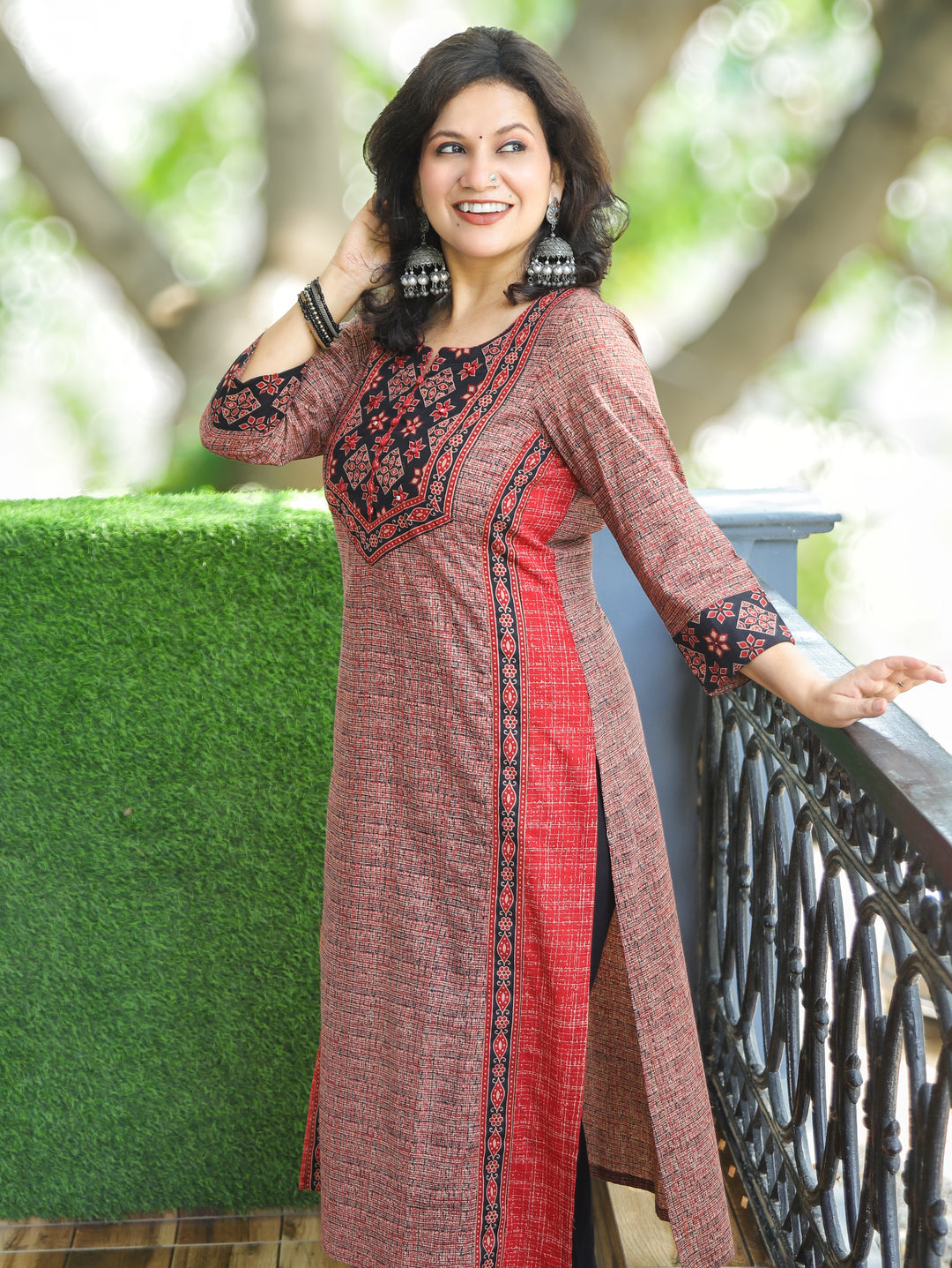 Saanvi Rosewood Red Ajrakh Rusted Checked Panel Cotton Kurti