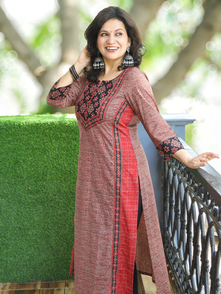 Saanvi Rosewood Red Ajrakh Rusted Checked Panel Cotton Kurti