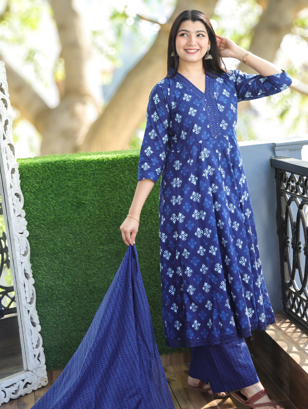 Anjani Indigo Blue V Neck Dabu Printed Anarkali Cotton 3 Piece Set D4