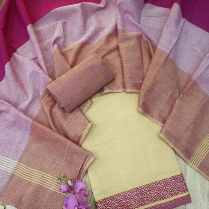 Falaq Beige With Magenta Dupatta Weaved Hem South Cotton Suit Set